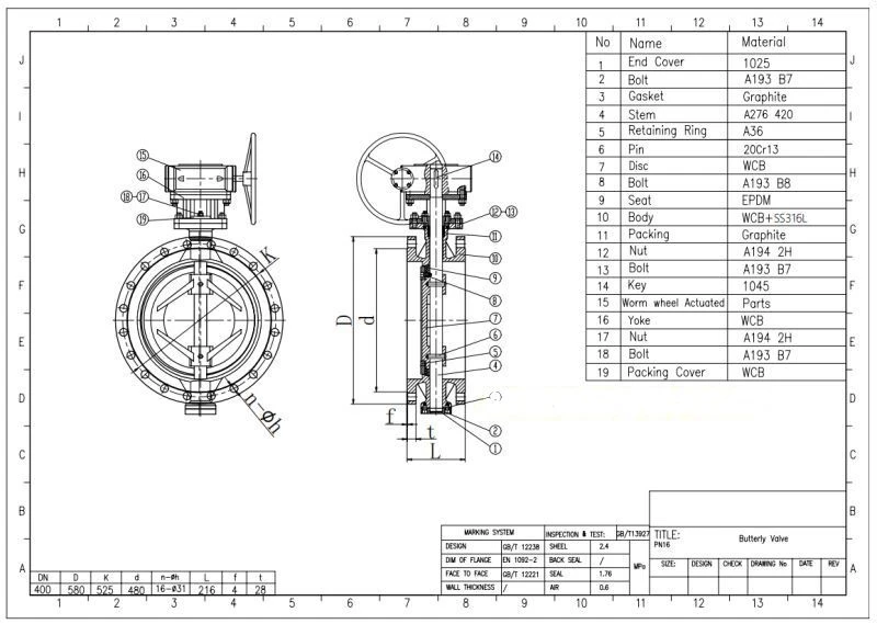 The drawing of the Double Eccentric Butterfly Valves DN400 PN16-WCB The drawing of the Double Eccentric Butterfly Valves DN400 PN16-WCB